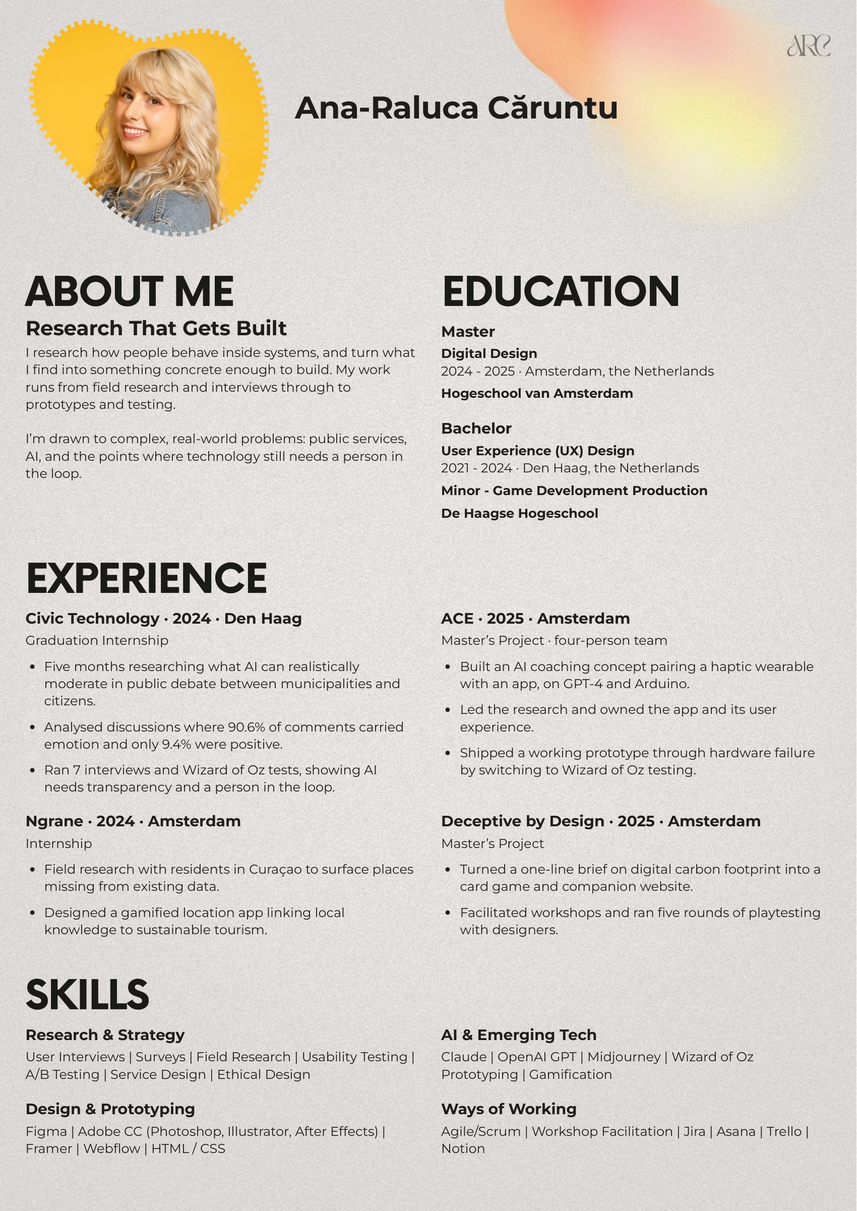 CV of Ana-Raluca Căruntu: profile, education, experience at Civic Technology and Ngrane, master's projects ACE and Deceptive by Design, and skills