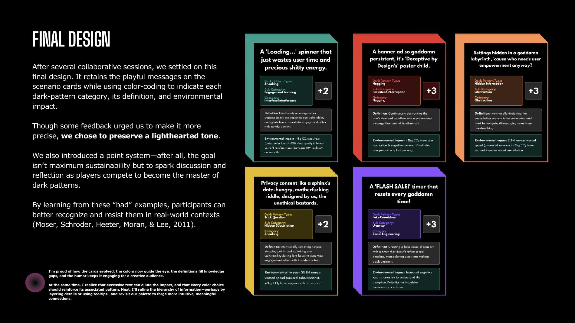 Final card designs, colour-coded by dark pattern category with point values