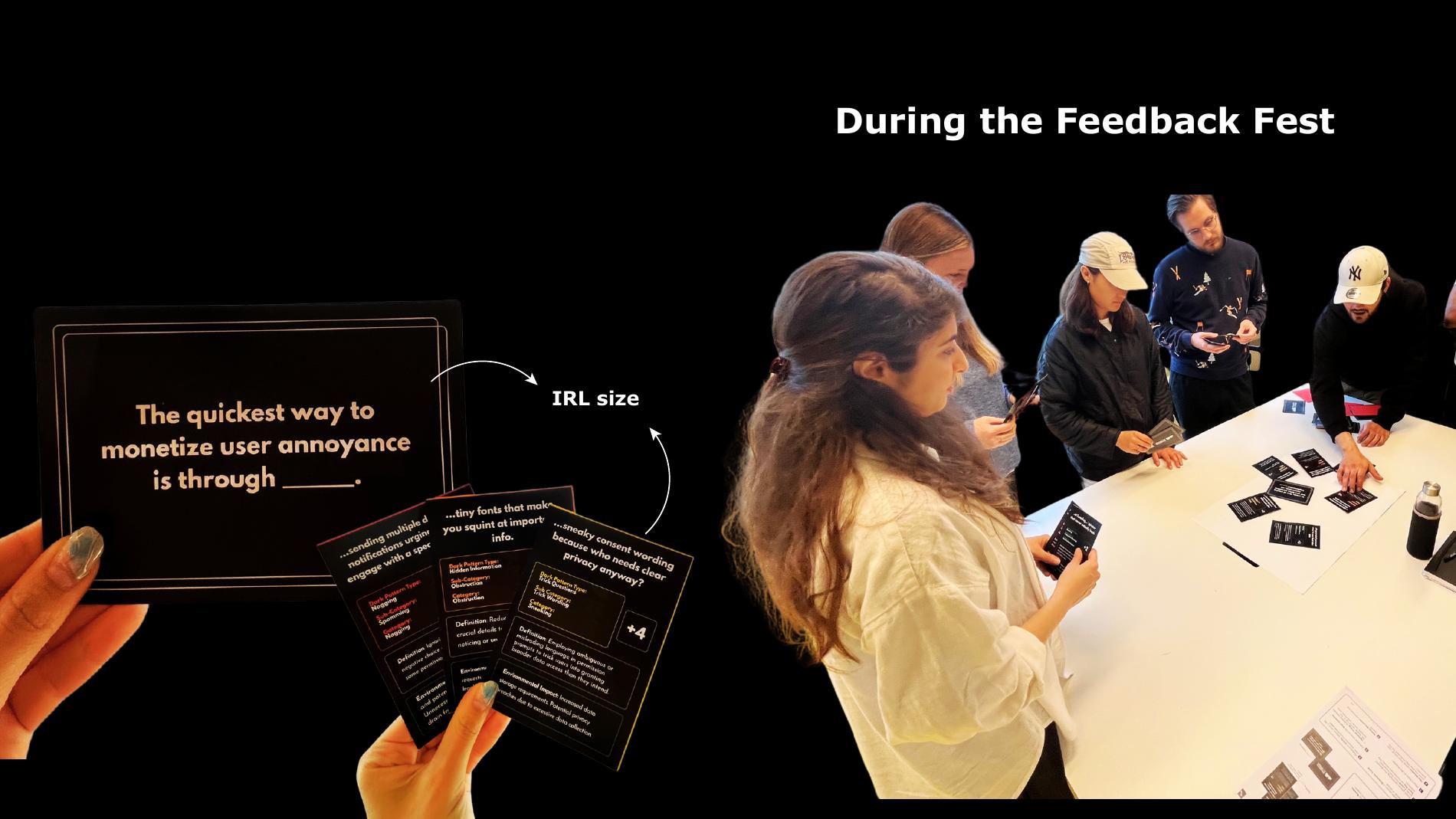 People playing the Deceptive by Design card game around a table, with the printed cards shown at real size
