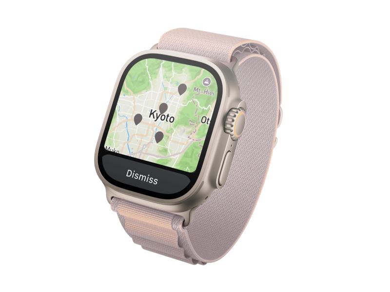 Apple Watch showing a map of Kyoto with points of interest