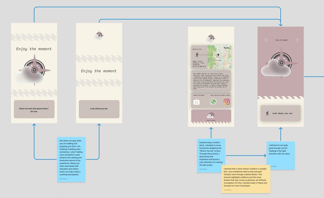 Iterations of the Enjoy the Moment and Where You Are screens with design notes